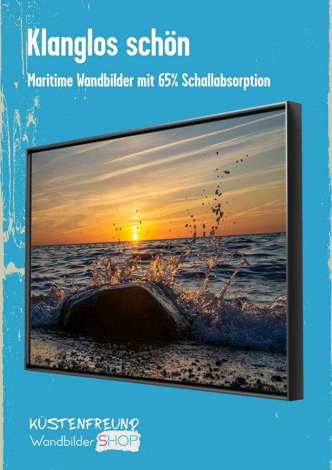 Schallabsorber Bilder - MARITIM. STYLISH. EDEL. Maritimes Schallabsorber-Bild mit Rahmen, zeigt einen Sonnenuntergang an der Ostsee, stilvoll und edel gestaltet.