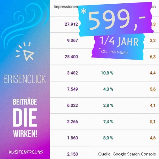 BRISENCLICK - SEO Content Marketing für Tourismusbetriebe SEO-Erbenisse Auszug aus Google Search Console und Preis für Buchung des BRISENCLICK-Formats.